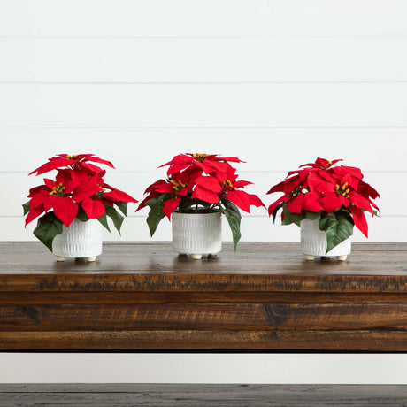 9” Artificial Poinsettia Arrangements in White Ceramic Pots - Set of 3