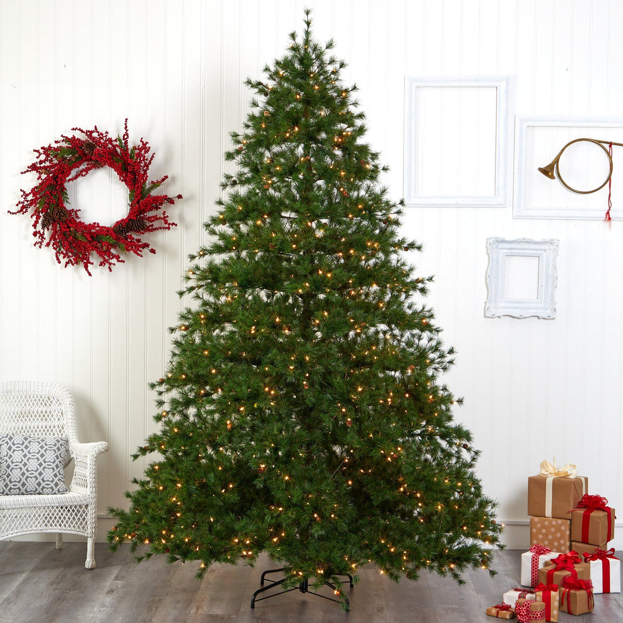 9’ Colorado Mountain Pine Artificial Christmas Tree with 650 Clear Lights, 3197 Bendable Branches and Pine Cones