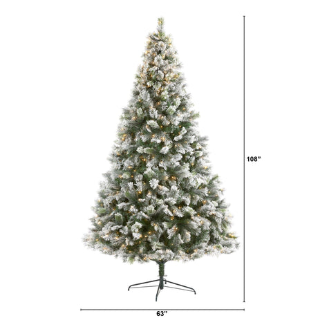 9’ Flocked Oregon Pine Artificial Christmas Tree with 600 Clear Lights and 1580 Bendable Branches