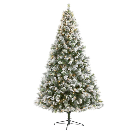 9’ Flocked Oregon Pine Artificial Christmas Tree with 600 Clear Lights and 1580 Bendable Branches