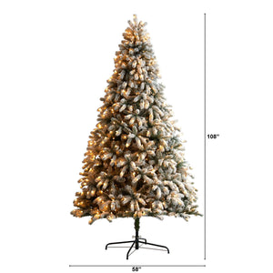 9’ Flocked South Carolina Spruce Christmas Tree with 850 Clear Lights and 2329 Bendable Branches