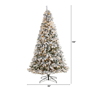 9' Flocked White River Mountain Pine Christmas Tree with Pinecones and 650 Clear LED Lights