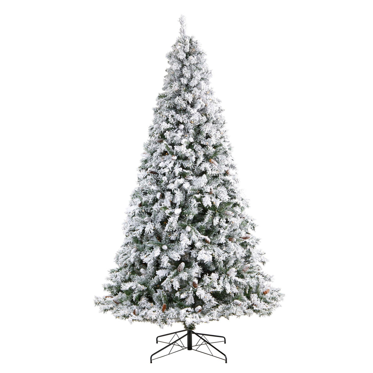 9' Flocked White River Mountain Pine Christmas Tree with Pinecones and 650 Clear LED Lights