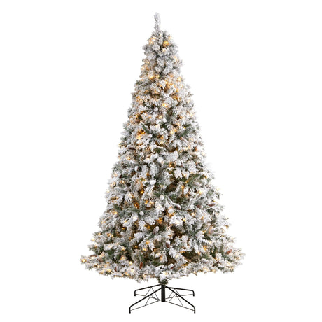 9' Flocked White River Mountain Pine Christmas Tree with Pinecones and 650 Clear LED Lights