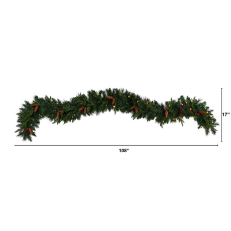 9' Mixed Pines and Pinecones Extra Wide Garland with 286 Branches and 70 Warm White LED Lights