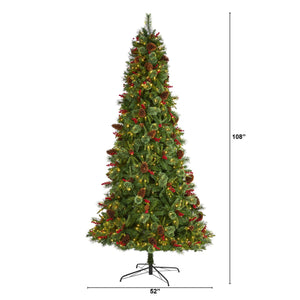 9’ Norway Mixed Pine Artificial Christmas Tree with 650 Clear LED Lights, Pine Cones and Berries