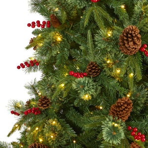 9’ Norway Mixed Pine Artificial Christmas Tree with 650 Clear LED Lights, Pine Cones and Berries