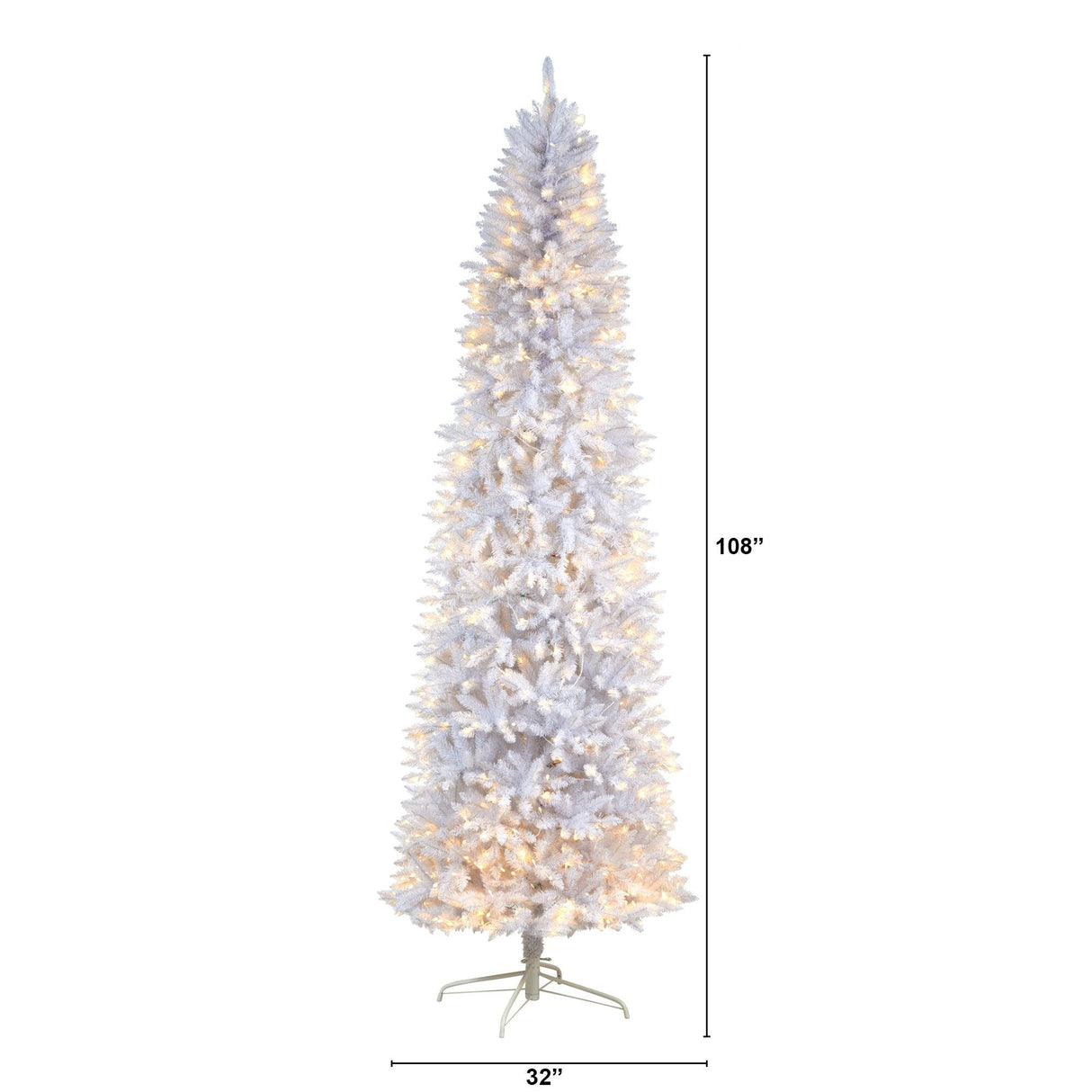 9’ Slim White Artificial Christmas Tree with 600 Warm White LED Lights and 1860 Bendable Branches