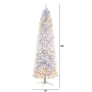 9’ Slim White Artificial Christmas Tree with 600 Warm White LED Lights and 1860 Bendable Branches