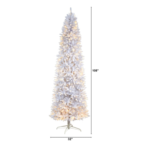 9’ Slim White Artificial Christmas Tree with 600 Warm White LED Lights and 1860 Bendable Branches