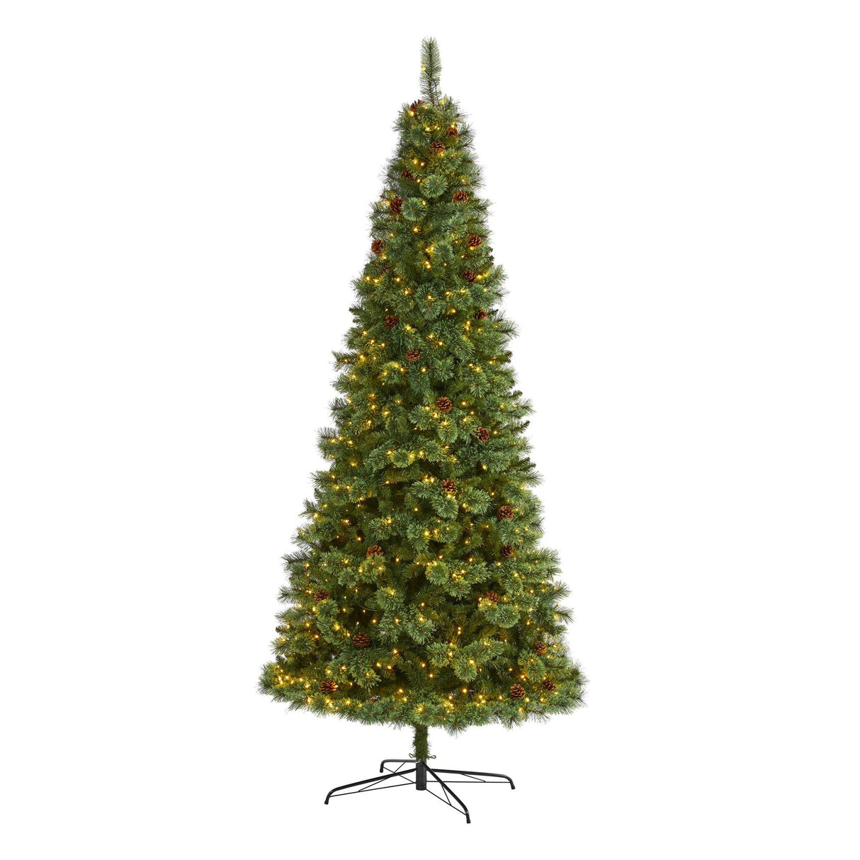 9’ White Mountain Pine Artificial Christmas Tree with 650 Clear LED Lights and Pine Cones