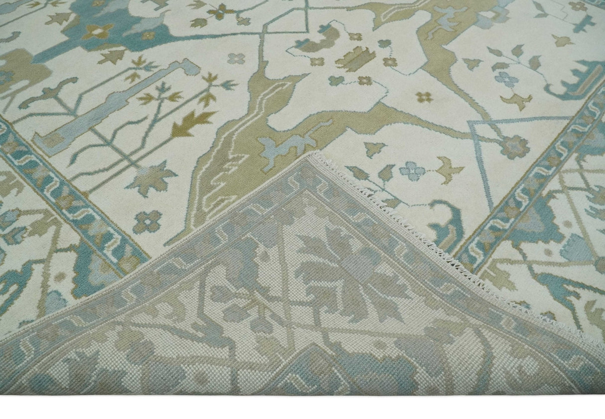 9.3x12.1 Hand Knotted Oriental Oushak Ivory, Brown and Beige Wool Area Rug