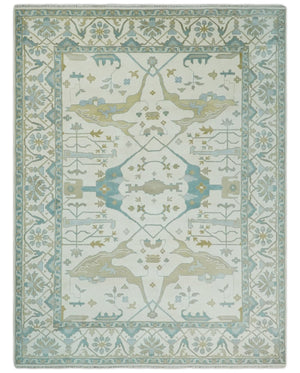 9.3x12.1 Hand Knotted Oriental Oushak Ivory, Brown and Beige Wool Area Rug