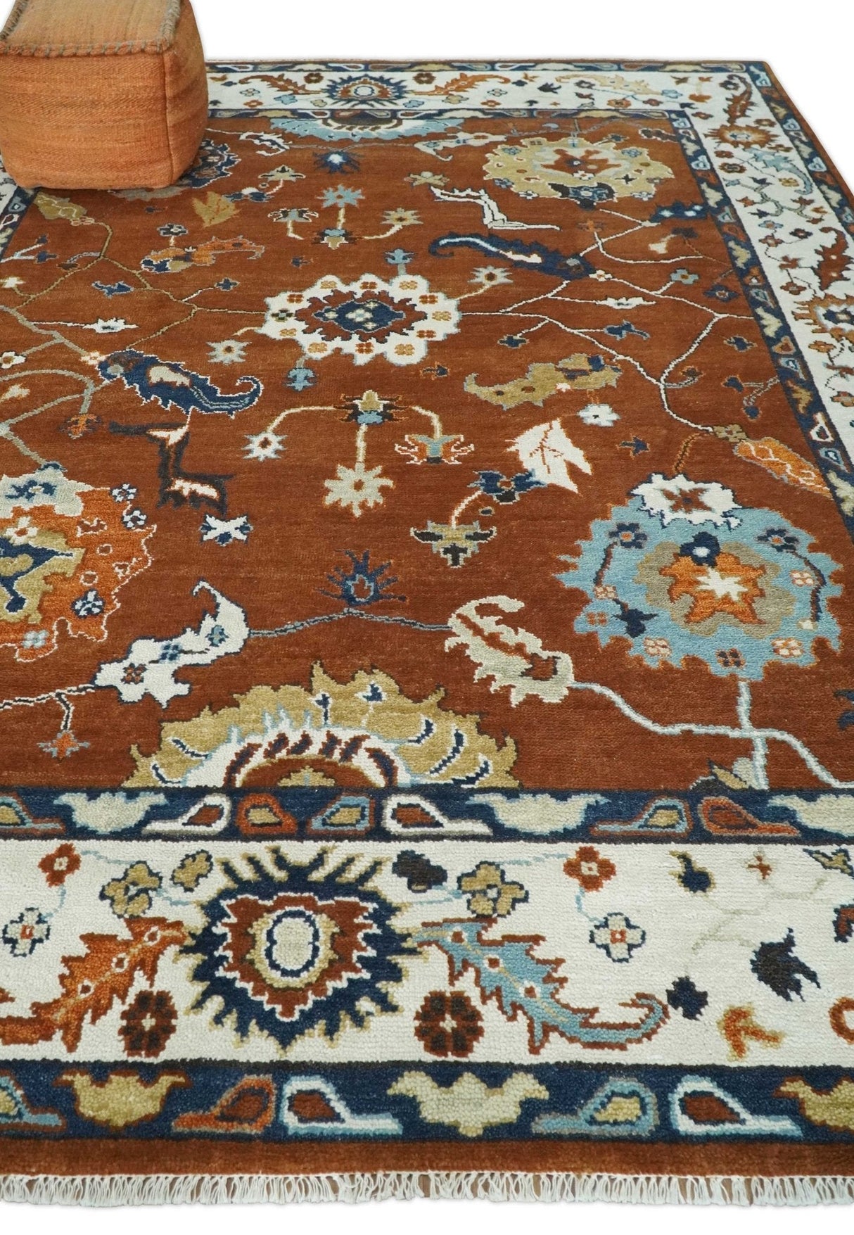 9x12 Antique Hand Knotted Rust and Ivory Traditional Vintage Persian Oushak Wool Rug | TRDCP975912