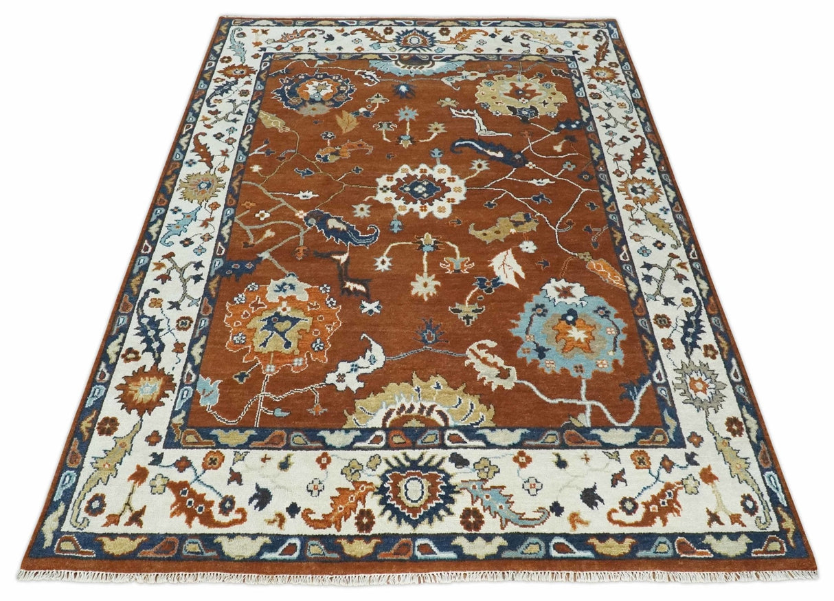 9x12 Antique Hand Knotted Rust and Ivory Traditional Vintage Persian Oushak Wool Rug | TRDCP975912