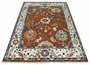 9x12 Antique Hand Knotted Rust and Ivory Traditional Vintage Persian Oushak Wool Rug | TRDCP975912