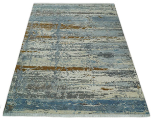 9x12 Fine Hand Knotted Ivory and Blue Modern Abstract Style Antique Wool and Silk Area Rug | AGR22