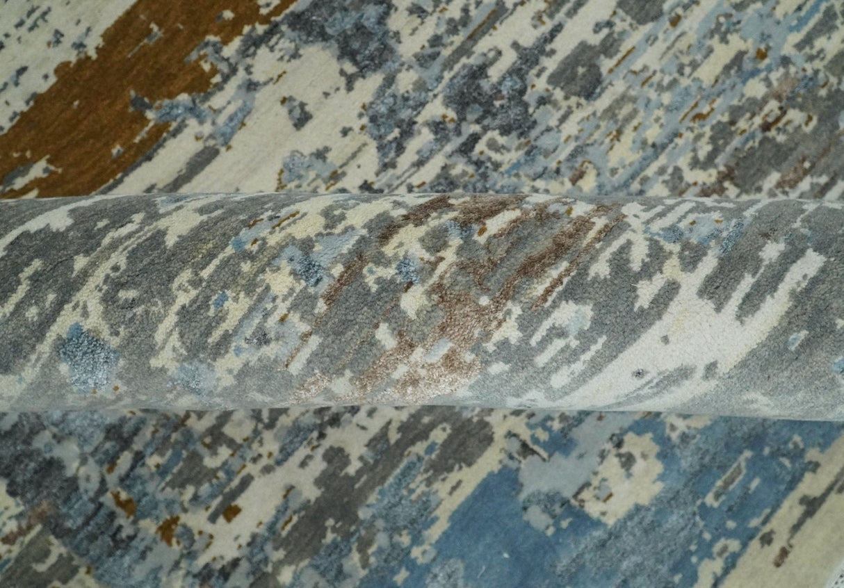 9x12 Fine Hand Knotted Ivory and Blue Modern Abstract Style Antique Wool and Silk Area Rug | AGR22