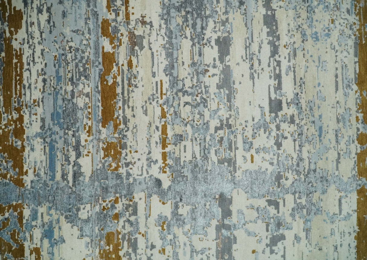 9x12 Fine Hand Knotted Ivory and Blue Modern Abstract Style Antique Wool and Silk Area Rug | AGR22