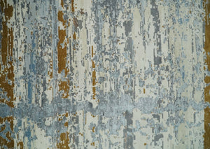 9x12 Fine Hand Knotted Ivory and Blue Modern Abstract Style Antique Wool and Silk Area Rug | AGR22