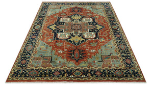 9x12 Fine Hand Knotted Rust, Blue and Aqua Traditional Heriz wool area rug