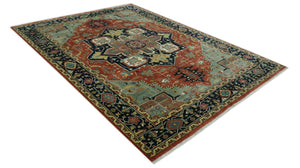9x12 Fine Hand Knotted Rust, Blue and Aqua Traditional Heriz wool area rug