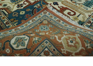 9x12 Fine Hand Knotted Rust, Ivory and Teal Traditional Heriz wool area rug