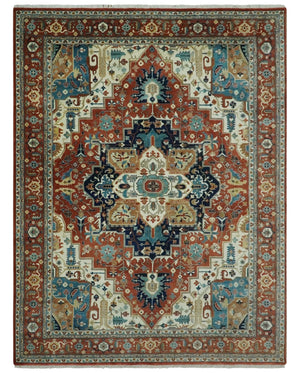 9x12 Fine Hand Knotted Rust, Ivory and Teal Traditional Heriz wool area rug