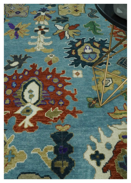 9x12 Hand Knotted Blue, Ivory and Gray vibrant Colorful Oushak Wool Area Rug