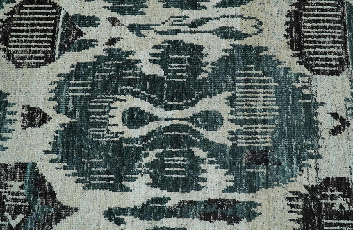 9x12 Hand Knotted Ivory, Teal and Brown Antique Persian Style Contemporary Recycled Silk Area Rug | OP38