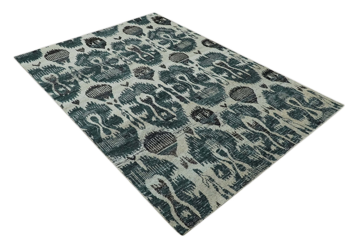 9x12 Hand Knotted Ivory, Teal and Brown Antique Persian Style Contemporary Recycled Silk Area Rug | OP38