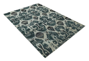 9x12 Hand Knotted Ivory, Teal and Brown Antique Persian Style Contemporary Recycled Silk Area Rug | OP38