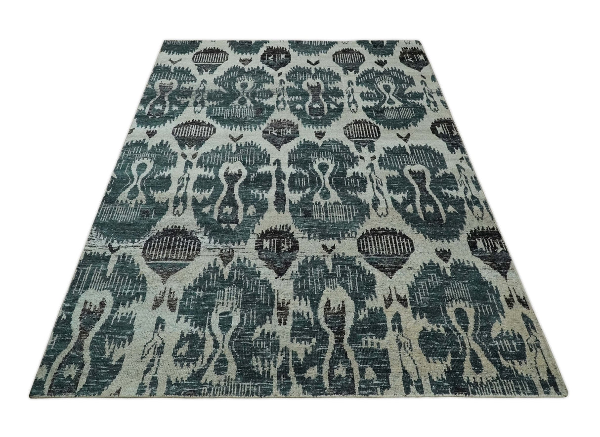 9x12 Hand Knotted Ivory, Teal and Brown Antique Persian Style Contemporary Recycled Silk Area Rug | OP38