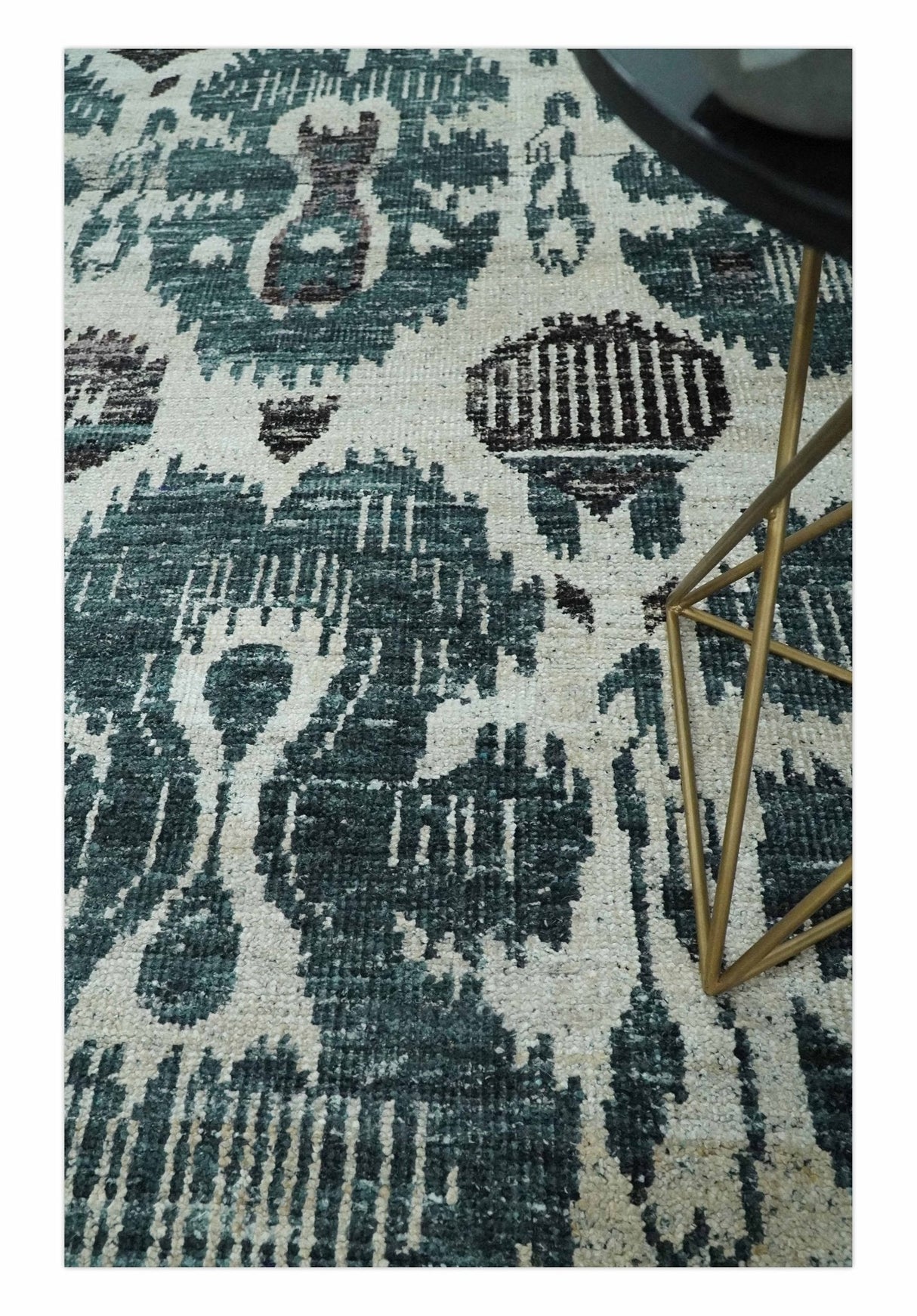 9x12 Hand Knotted Ivory, Teal and Brown Antique Persian Style Contemporary Recycled Silk Area Rug | OP38