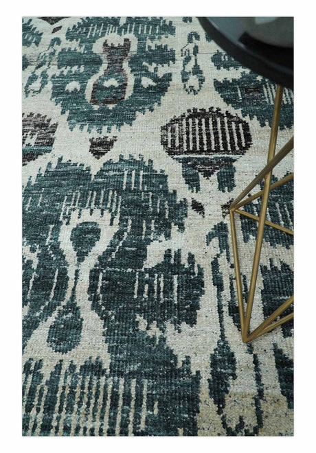 9x12 Hand Knotted Ivory, Teal and Brown Antique Persian Style Contemporary Recycled Silk Area Rug | OP38
