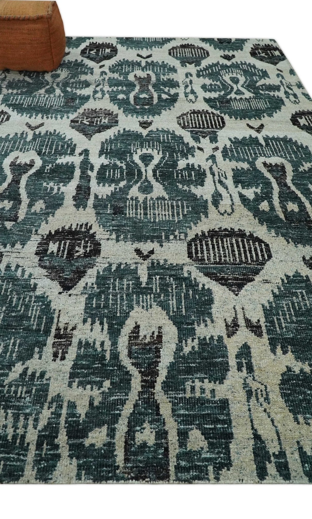 9x12 Hand Knotted Ivory, Teal and Brown Antique Persian Style Contemporary Recycled Silk Area Rug | OP38