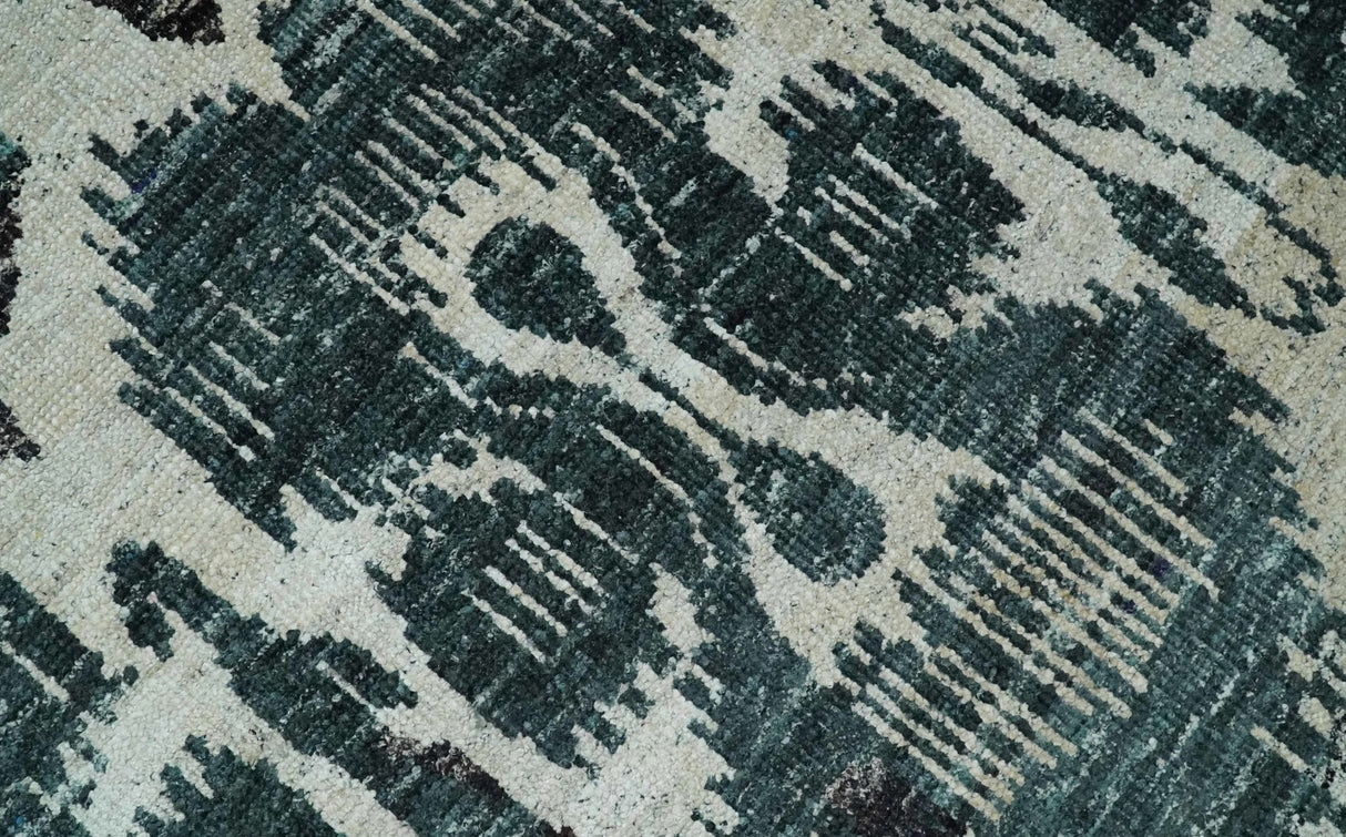 9x12 Hand Knotted Ivory, Teal and Brown Antique Persian Style Contemporary Recycled Silk Area Rug | OP38