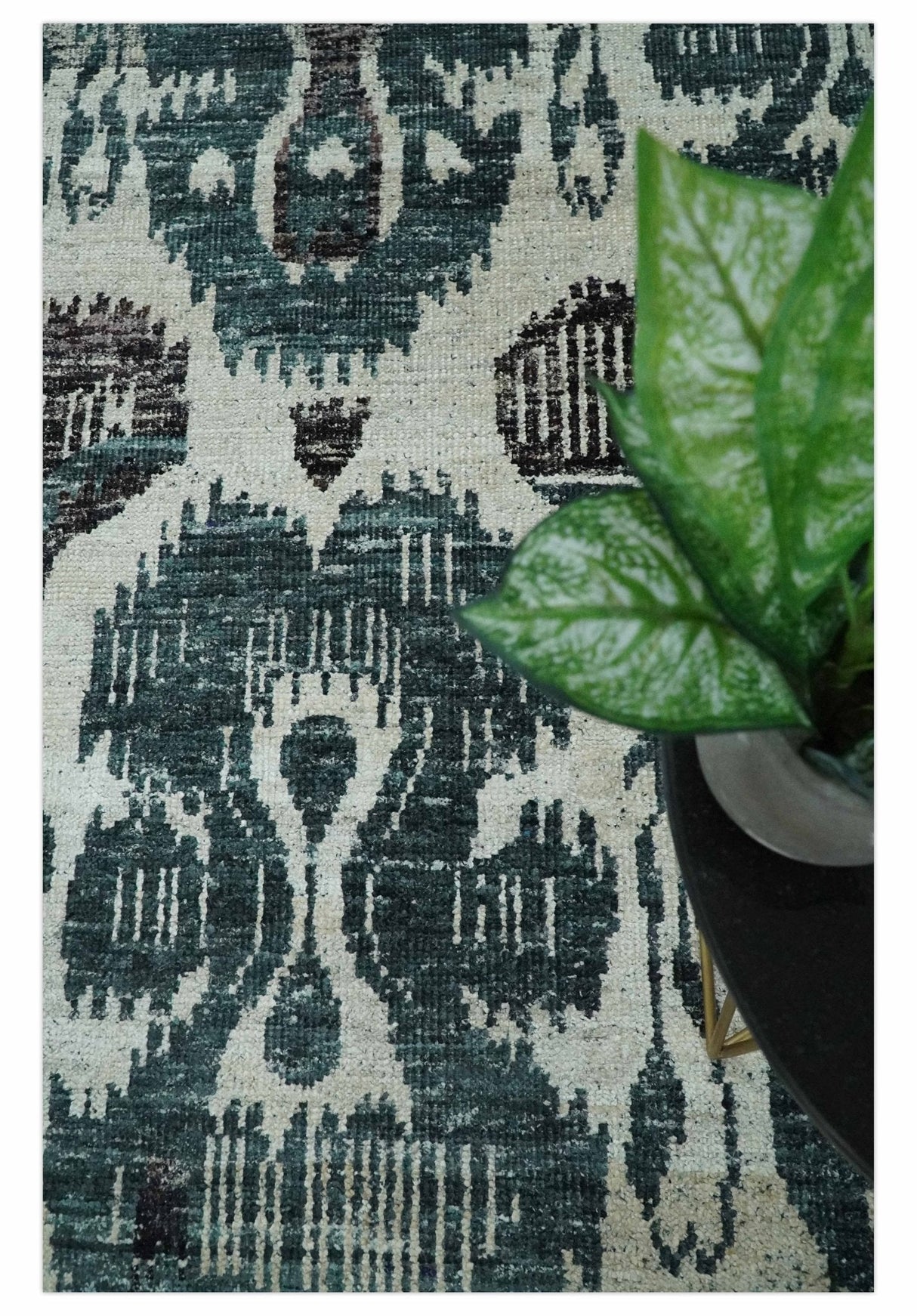 9x12 Hand Knotted Ivory, Teal and Brown Antique Persian Style Contemporary Recycled Silk Area Rug | OP38