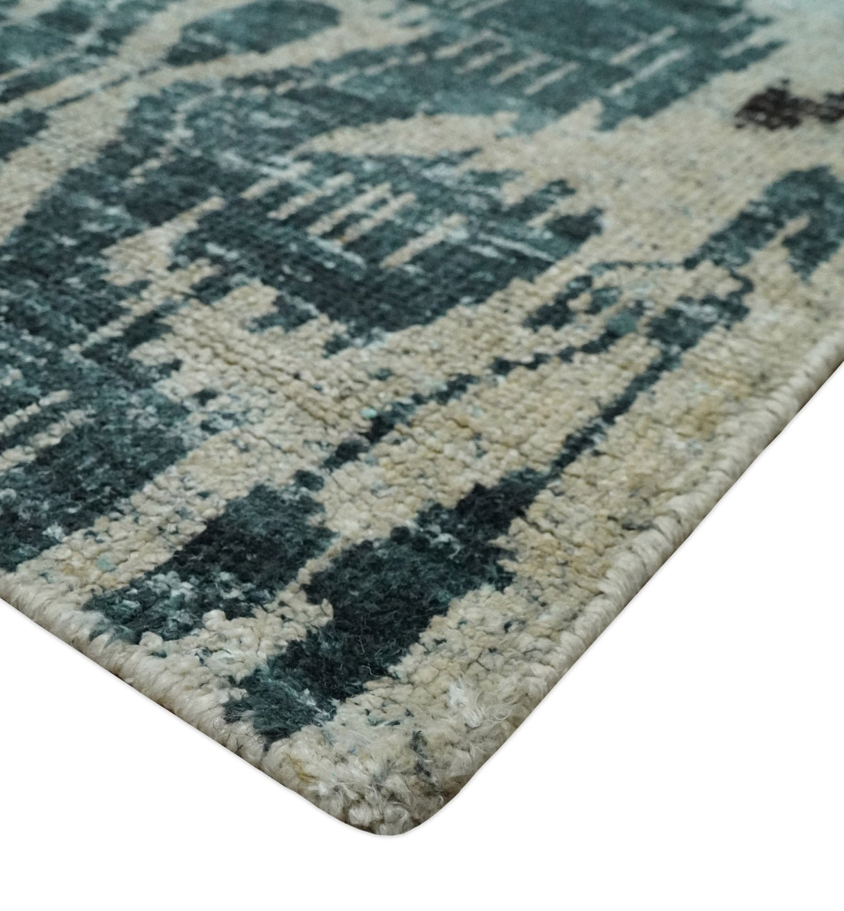 9x12 Hand Knotted Ivory, Teal and Brown Antique Persian Style Contemporary Recycled Silk Area Rug | OP38