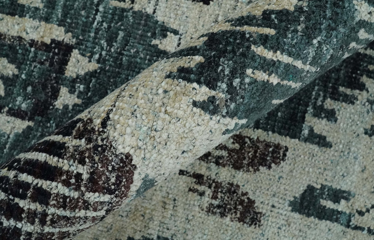 9x12 Hand Knotted Ivory, Teal and Brown Antique Persian Style Contemporary Recycled Silk Area Rug | OP38