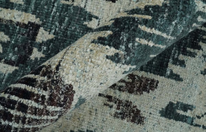 9x12 Hand Knotted Ivory, Teal and Brown Antique Persian Style Contemporary Recycled Silk Area Rug | OP38
