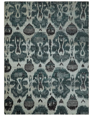 9x12 Hand Knotted Ivory, Teal and Brown Antique Persian Style Contemporary Recycled Silk Area Rug | OP38