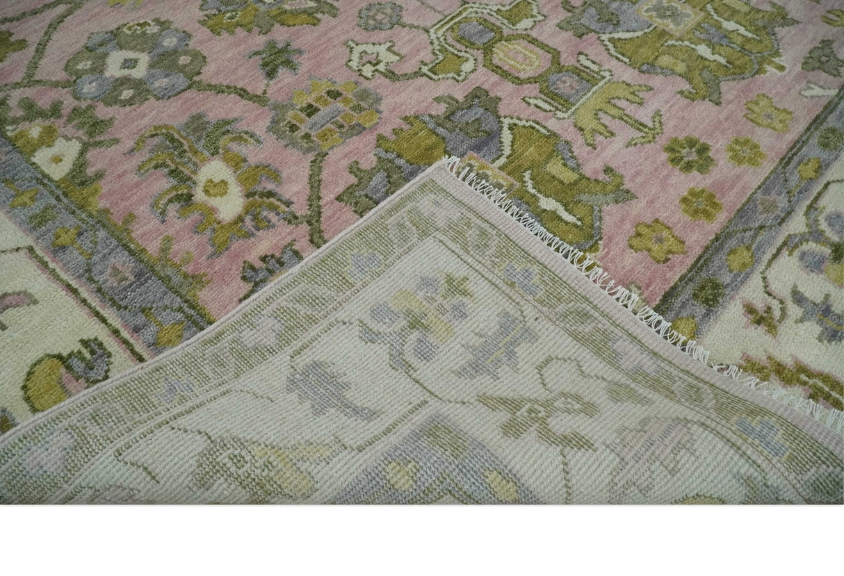 9x12 Hand Knotted Peach, Ivory and Olive Traditional Antique Style Wool Area Rug