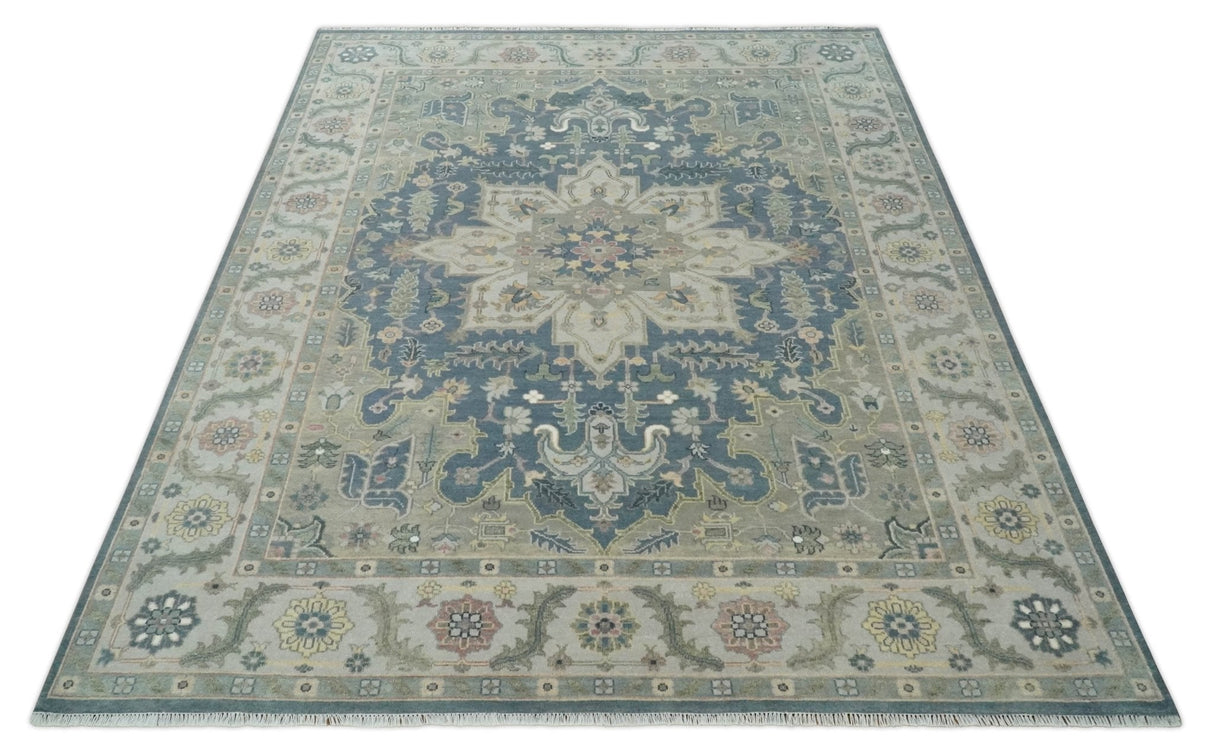 9x12 Medallion Hand Knotted Ivory, Teal and Olive Traditional Wool Area Rug