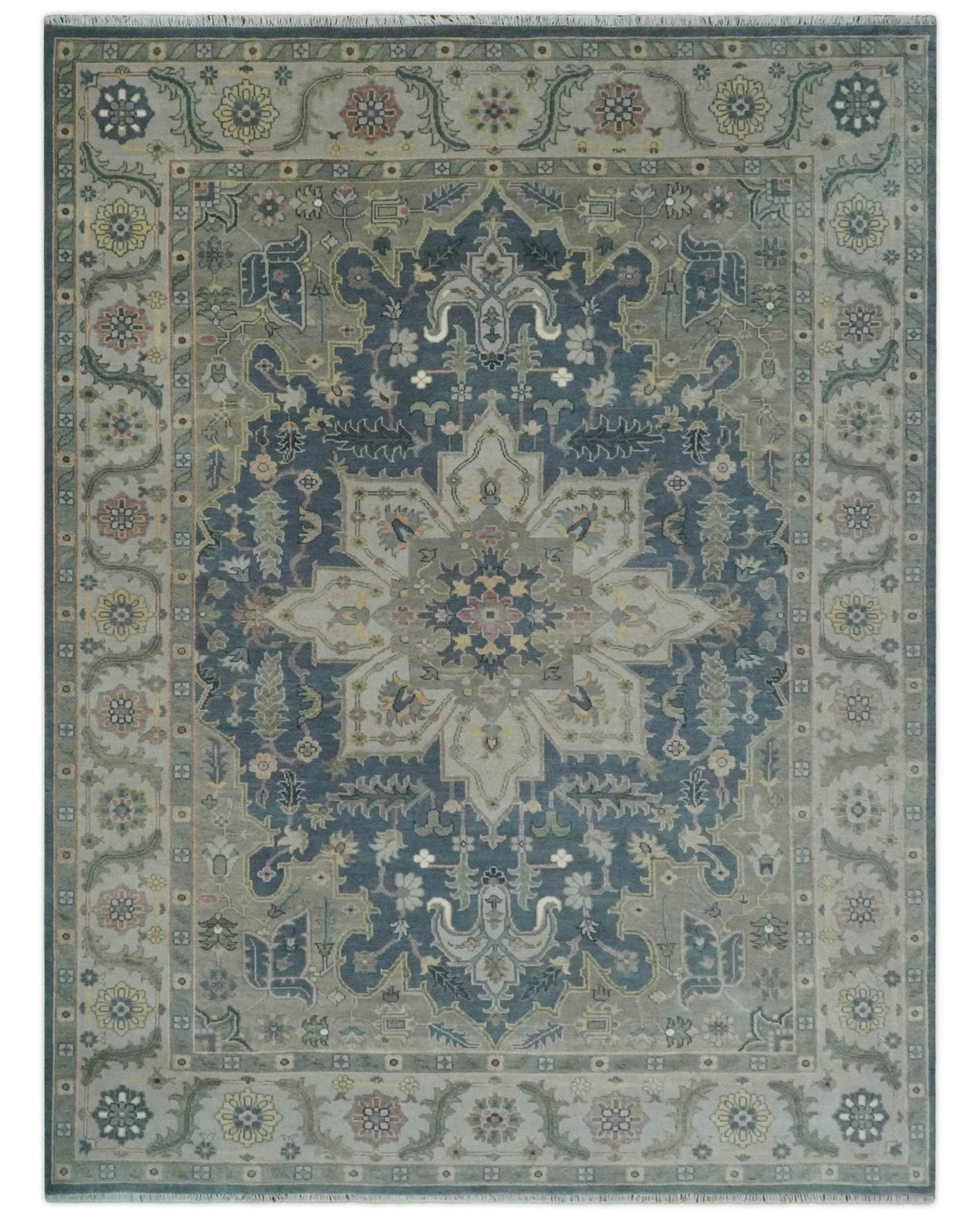 9x12 Medallion Hand Knotted Ivory, Teal and Olive Traditional Wool Area Rug