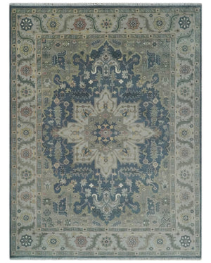 9x12 Medallion Hand Knotted Ivory, Teal and Olive Traditional Wool Area Rug