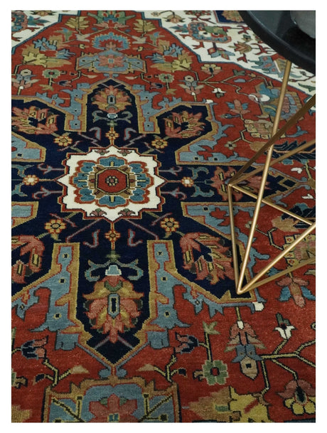 9x12 Premium Fine Hand Knotted Blue, Brown and Ivory Traditional wool Area Rug