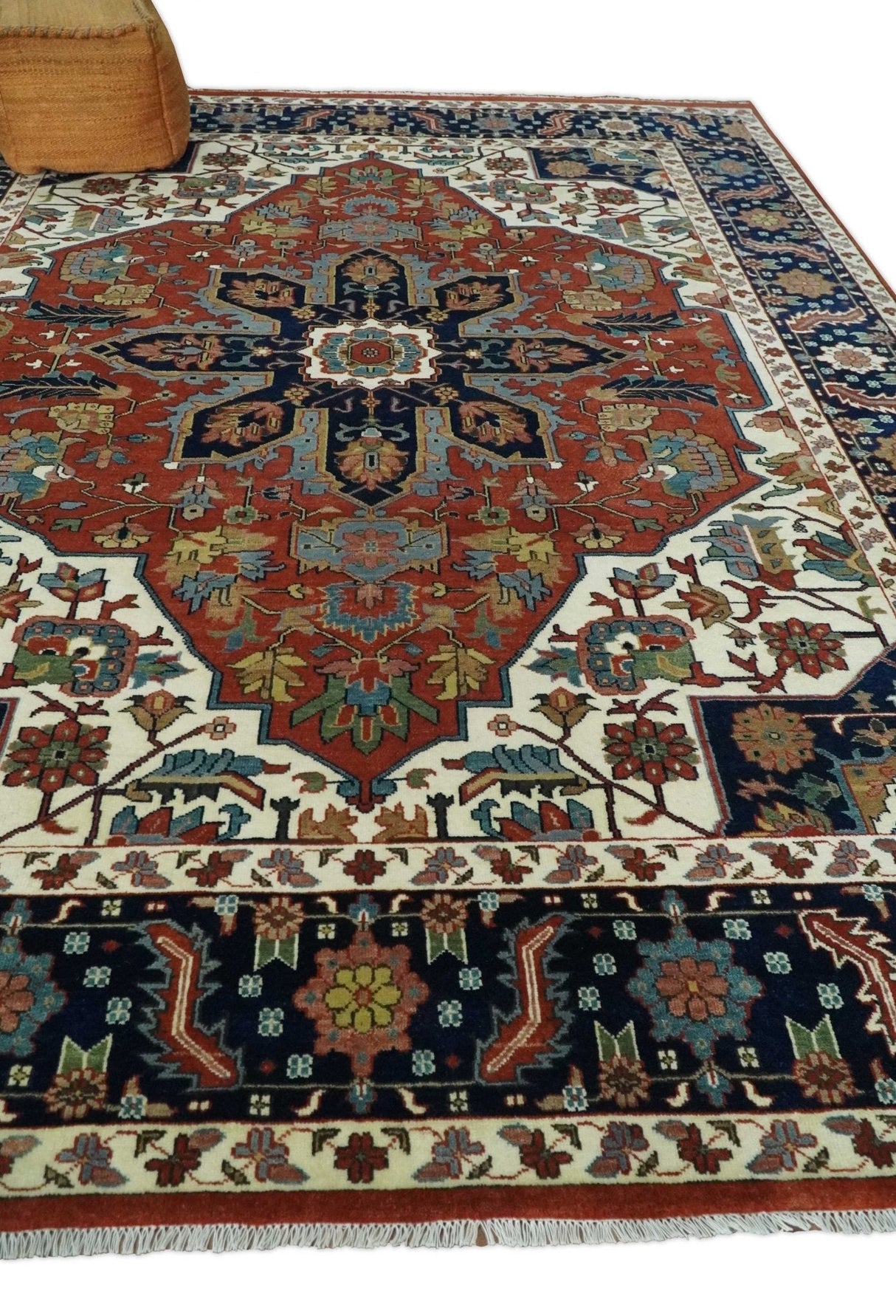 9x12 Premium Fine Hand Knotted Blue, Brown and Ivory Traditional wool Area Rug