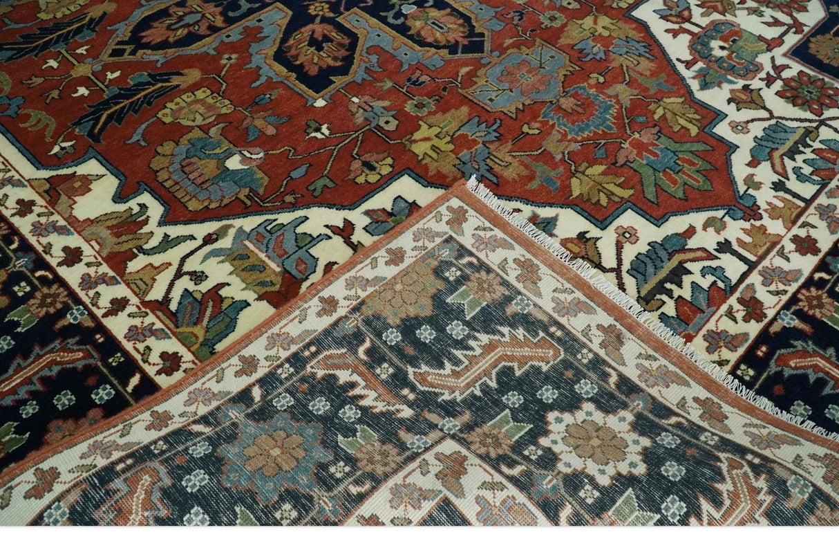 9x12 Premium Fine Hand Knotted Blue, Brown and Ivory Traditional wool Area Rug