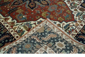9x12 Premium Fine Hand Knotted Blue, Brown and Ivory Traditional wool Area Rug